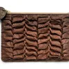A clutch bag made from fish skin that is folded into ruffle patterns.