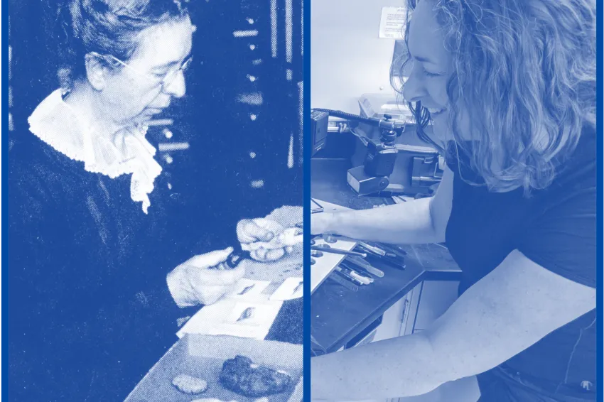 two images cropped together of women at desks facing each other