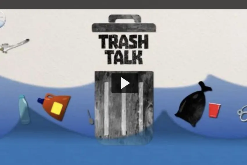 Thumbnail of cartoonish trashcan in the sea with garbage.