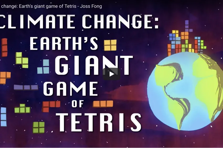 A screenshot from the video showing an illustration of Earth with tetris blocks stacked on top. 