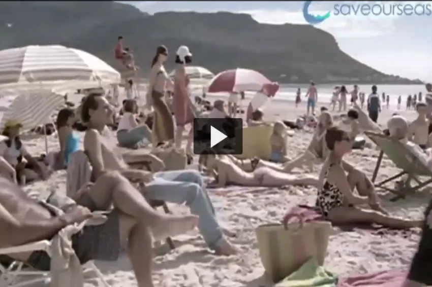 Screenshot of "Rethink the Shark" showing people on a beach. 