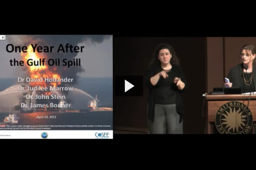 Screenshot of Nancy Knowlton speaking at "Lecture: One Year After the Gulf Oil Spill"