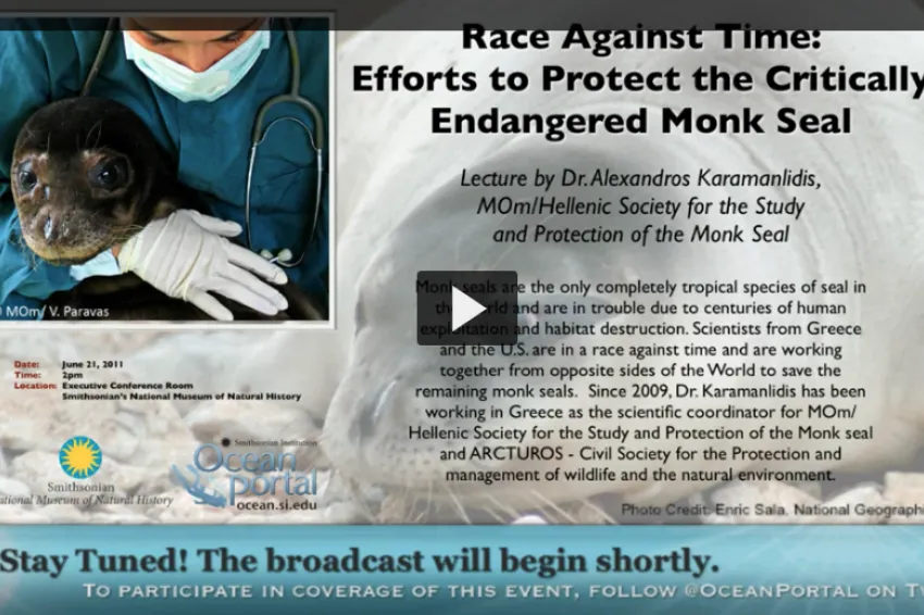 Screenshot of opening slide for lecture "Efforts to Protect the Critically Endangered Monk Seal."