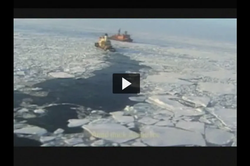 Screenshot from video of a ship amidst broken up ice. 