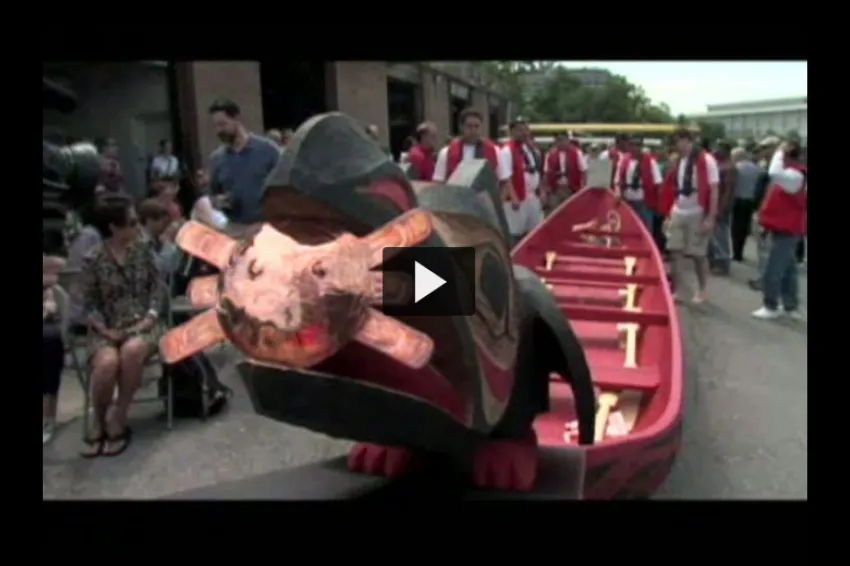 A screenshot of the launch of the Raven Spirit canoe.