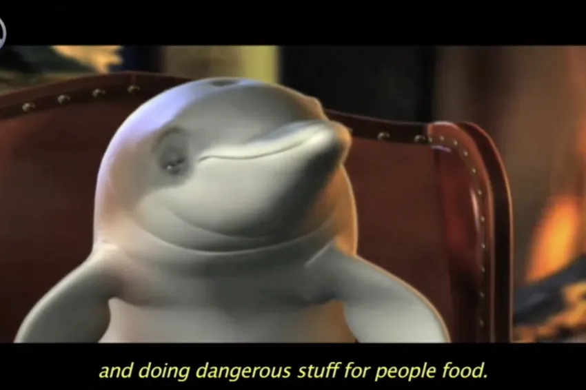 an animated dolphin in an arm chair