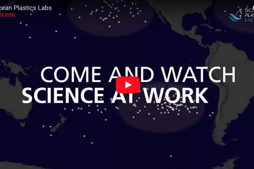 Screenshot of Ocean Plastics Lab video that says "Come and watch science at work."