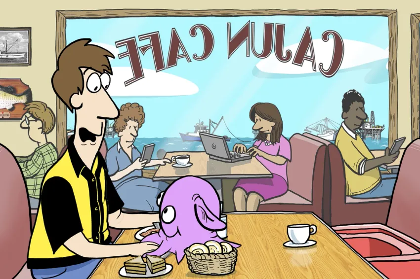 Illustration from video showing Zack and Molly the octopod at a diner. 