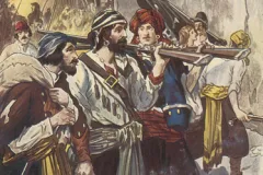 Pirate Henry Morgan arrives with his rifle and his crew  in Panama City