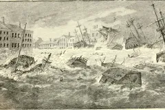 wooden ships are swept into Providence, RI during a storm