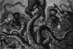 A sea monster attacks a ship in an illustration for 20,000 Leagues Under the Sea by Jules Verne.