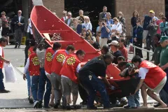 Tlingit paddlers set the canoe in Washington’s Potomac River for its ceremonial launch.