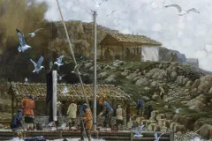 This illustration shows whalers of the early 1800s with their highly profitable catch.