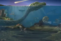 A rendering of an ocean scene as it may have looked 65 million years ago, when an astroid fell to Earth and triggered a mass extinction event. 