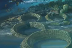 A rendering of an underwater marine scene depicting life ~145-65 million years ago, when rudist clams were the major reef builders.