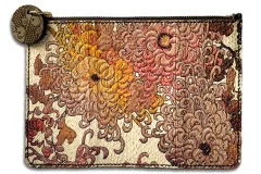 A clutch bag made from fish leather with orange, white, and pink chrysanthemum designs.