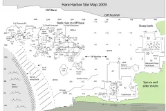 Map depicting the archaeological excavation site at Hare Harbor in Quebec, Canada in 2009