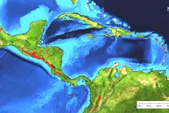 Map of volcanoes of Central America and within the Caribbean Sea. 