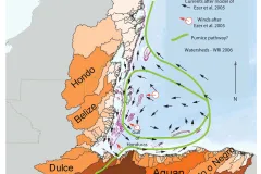 A map that shows wind and current patterns of Belize, Guatemala and Honduras. 