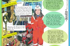 a cartoon of a man with long hair in a hard helmet and an orange work suit