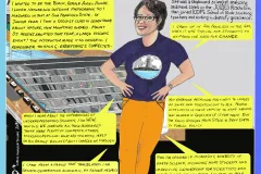 a woman stands with short black hair, glasses and bright orange pants