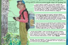a woman in a baseball cap, glasses, and tall boots runs an experiment on a tree