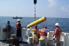 An autonomous underwater vehicle from the Monterey Bay Aquarium Research Institute (MBARI) being launched from the NOAA Ship Gordon Gunter in the Gulf of Mexico.