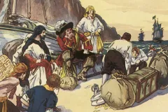 Buccaneers divide their treasure under the watchful eye of Captain Morgan.