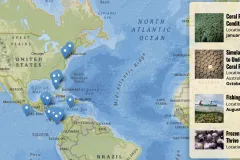 A screenshot of a map with links to stories on the side. 