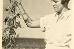 A woman with short curly hair holds a bunch of sea lilies