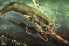 In this painting, a giant squid engages in a struggle for survival with a sperm whale.
