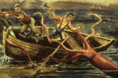 A giant squid attacks a boat in a painting. 