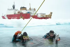 Ice divers descend through a hole in the ice.