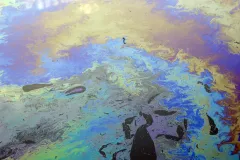 a thick multicolored oil sheen on the water inside a boat marina