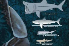 Shark Sizes: Whale Shark 46 feet, Basking Shark 33 feet, Great White Shark 23 feet, Megamouth Shark 15 feet, Nurse Shark 13 feet, Mako Shark 8 feet, Blacktip Reef Shark 6.5 feet, Bonnethead Shark 3.4 feet, Dwaf Lantern Shark 6 inches