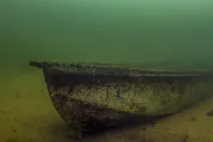 One of several rowboats that were sunk in front of Lake Hotel at Wyoming's Yellowstone National Park in the early 20th century.