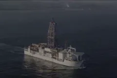 Screenshot from video of an aerial view of the ocean drilling vessel Chikyu. 