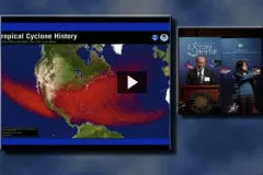 A screenshot of Dr. Isaac Ginis presenting a lecture titled "Predicting a Hurricane's Path of Destruction."