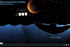 A screenshot from the video showing illustration of a whale at the surface of water at night. 