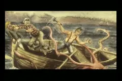 painting of squid pulling sailor underwater