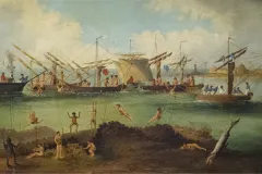 an oil painting of naked men diving from wooden ships down to the seafloor