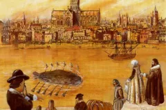 a painting of a submarine with oars on a river with spectators