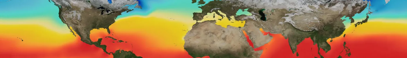 A map of the world showing different colors that indicated sea surface temperature. 