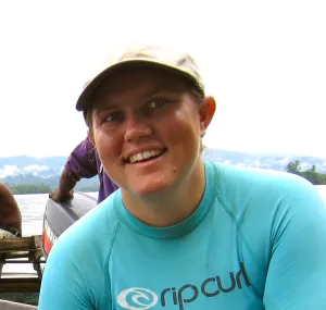 Jessica Goodheart sitting on a boat.