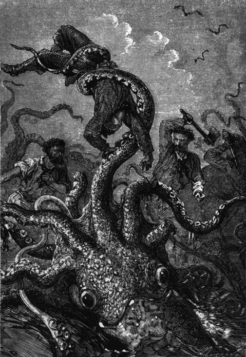 A sea monster attacks a ship in an illustration for 20,000 Leagues Under the Sea by Jules Verne.