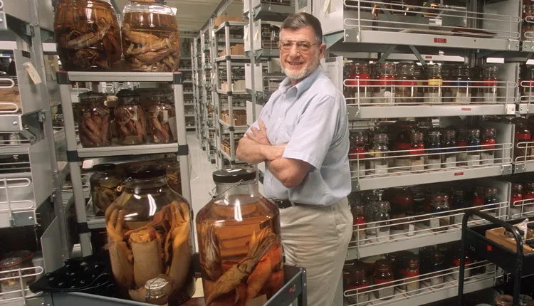 Smithsonian Zoologist Dr. Clyde Roper in front of the museum's stored cephalopod collection.
