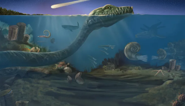 A rendering of an ocean scene as it may have looked 65 million years ago, when an astroid fell to Earth and triggered a mass extinction event.