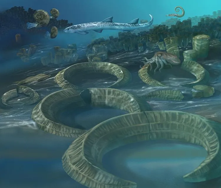A rendering of an underwater marine scene depicting life ~145-65 million years ago, when rudist clams were the major reef builders.