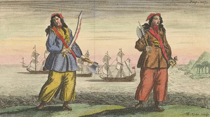 Pirates Ann Bonny and Mary Read. After their capture, they were granted stays of execution because of their conditions.