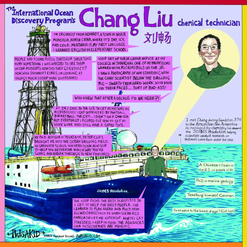 a cartoon of a scientist on a research vessel